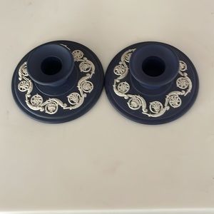 2 WEDGEWOOD Jasper Candle Holders 1950/60's England Blue White Floral